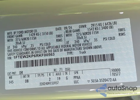 2024 Ford F-150 Stx z USA, uszkodzony, nr VIN 1FTEW2KP6RKF00563